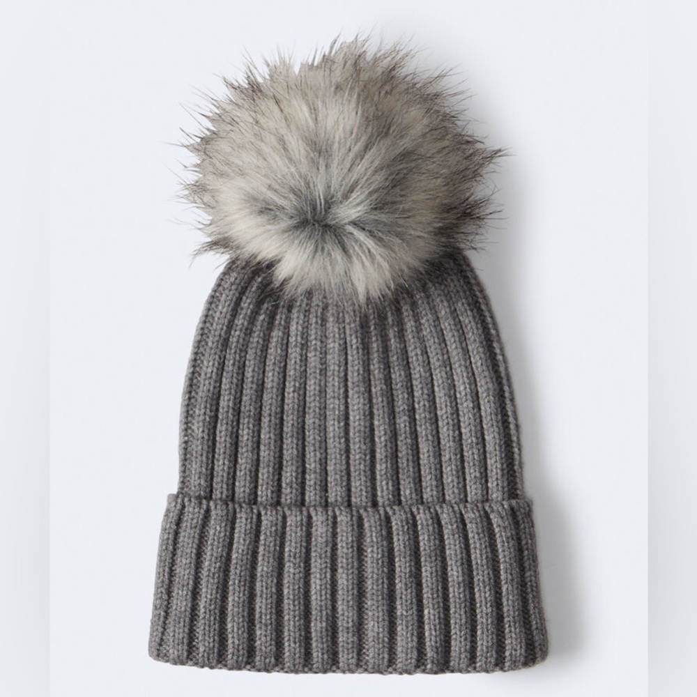 Aeropostale Women's Ribbed Faux Fur Pom Beanie - One Size / Med gray